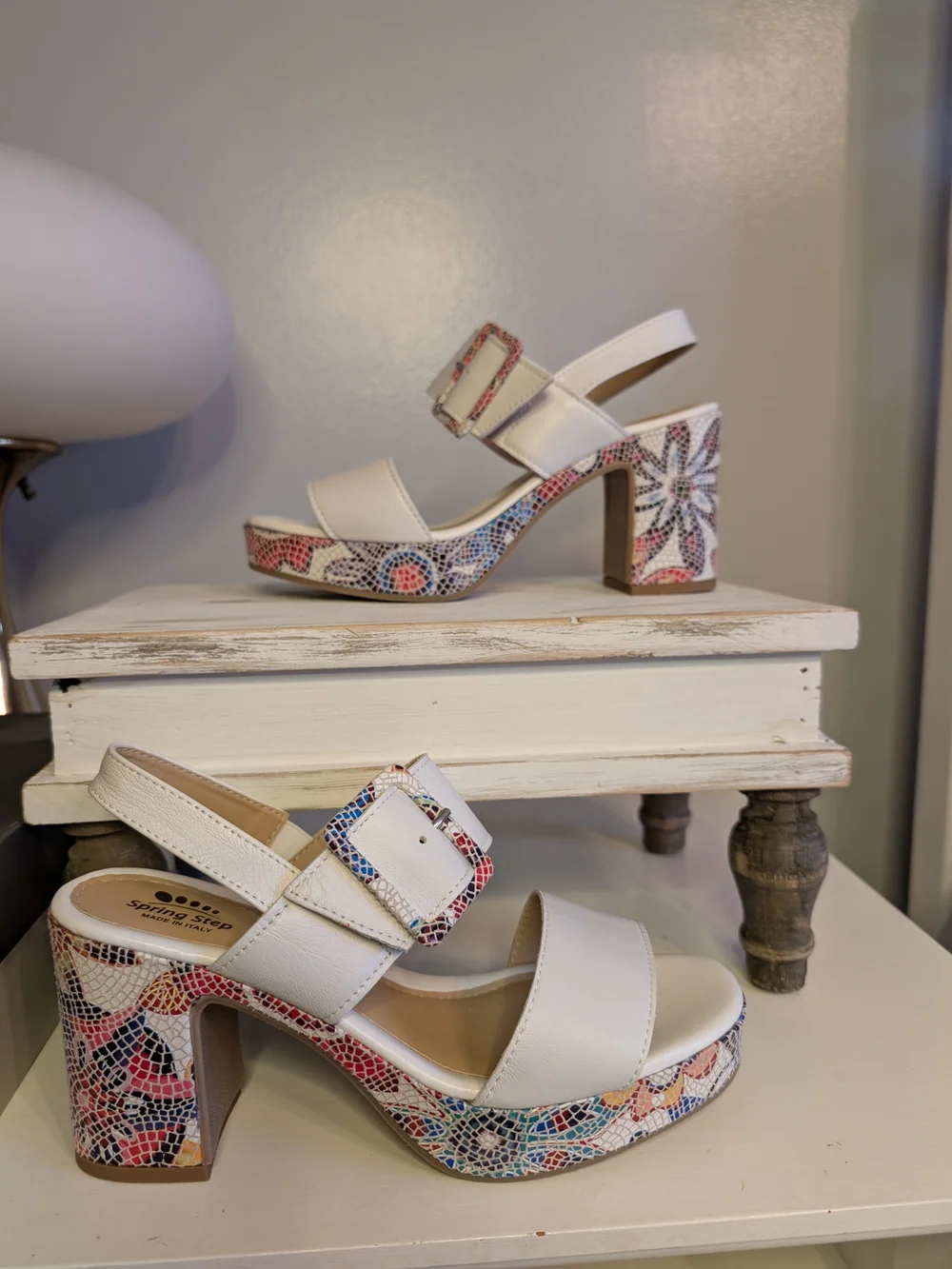 Spring Step, Azucar White Multi Platform Leather Slingbacks, 8.5 - NWOT!
